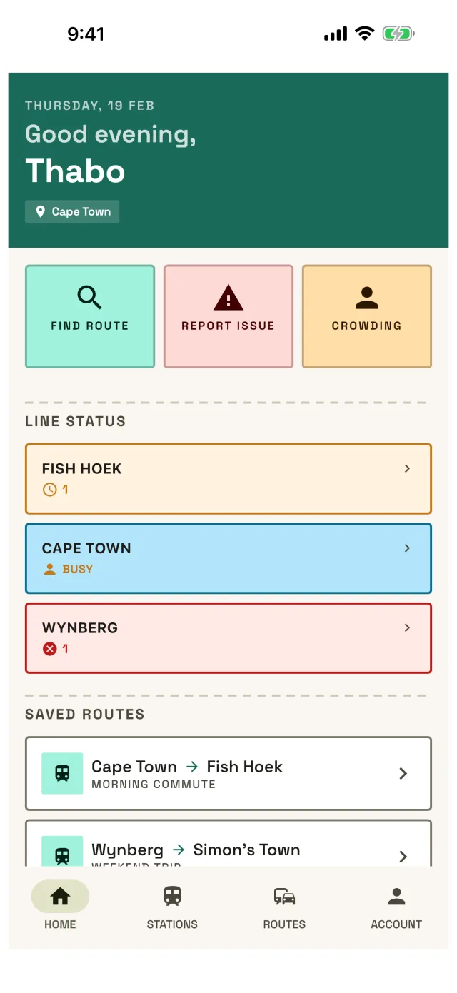 Commute Check home screen with Cape Town line status and saved routes