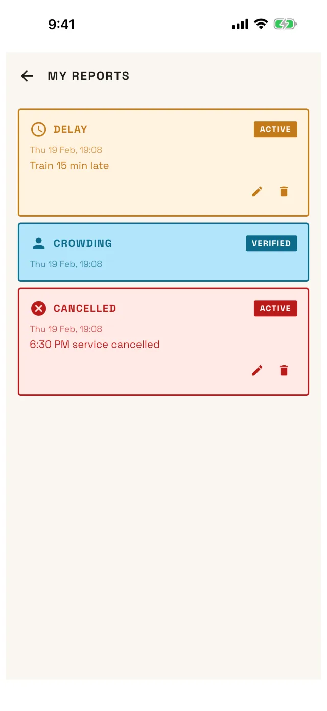 Commute Check reports screen listing a delay, a crowding report and a cancelled service