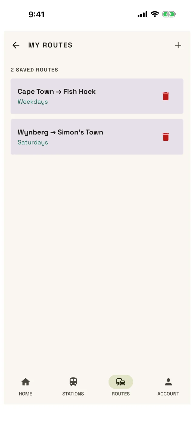 Saved routes in the Commute Check app